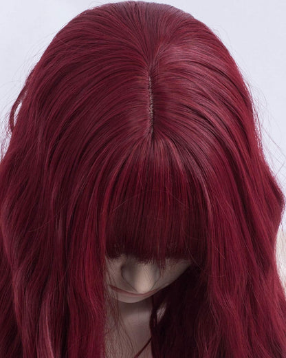 Wine Red 18” Long Wavy Wig with Bangs | Natural Looking | Premium Heat Resistant Synthetic Fiber | Perfect for Cosplay, Party or Daily Wear