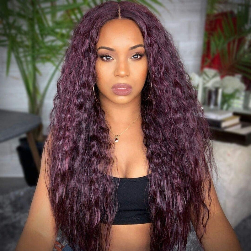 Wine Red Wavy Color # 99j 30"+/- | Lace Front Wig with Baby Hair | Trendy Wig | Synthetic Top Quality Heat Resistant Fiber | Human Hair Feel