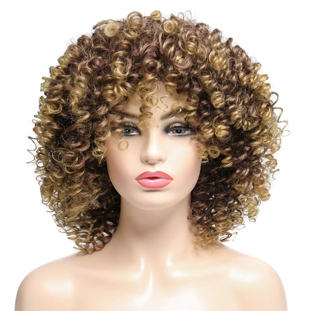 Ombre Brown Short Kinky Synthetic Afro Heat Resistant Full Curly Wig with Bangs