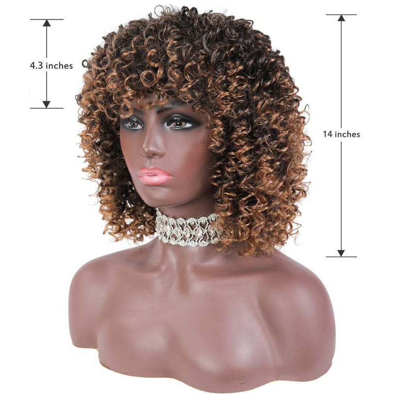 Ombre Brown Short Kinky Synthetic Afro Heat Resistant Full Curly Wig with Bangs | Wig Cap Included | Free Shipping Today