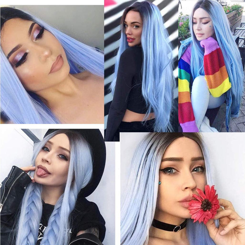 Ice Blue Queen Black Ombre | Hand Dyed | Top Quality Heat Resistant Synthetic Fiber 26"| Trendy Wig | Beautiful Daily Wear | Human Hair Feel