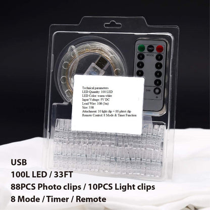 LED Fairy String Lights 33 Ft with 100 Lights & 88 Photo Clips Remote 8 Mode Hang Photos Pictures Bedroom Decoration USB Operated Warm White