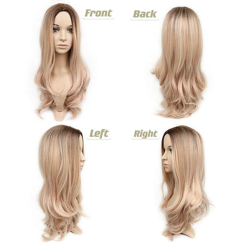 Ash Brown Natural Blonde Two Tone 25" Long Wavy High Density Synthetic Heat Resistant Wig One of the Very Best Unique Custom Handmade Units