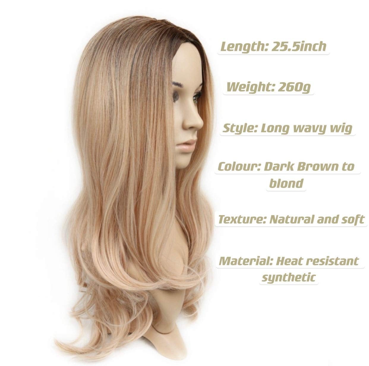 Ash Brown Natural Blonde Two Tone 25" Long Wavy High Density Synthetic Heat Resistant Wig One of the Very Best Unique Custom Handmade Units