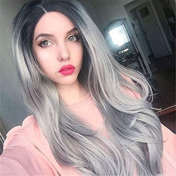 Black Rooted Ombre Gray 25" Long Wavy Wig | High Density Synthetic Heat Resistant Fiber | Daily Wear Wig | Wig Cap Included | Free Shipping