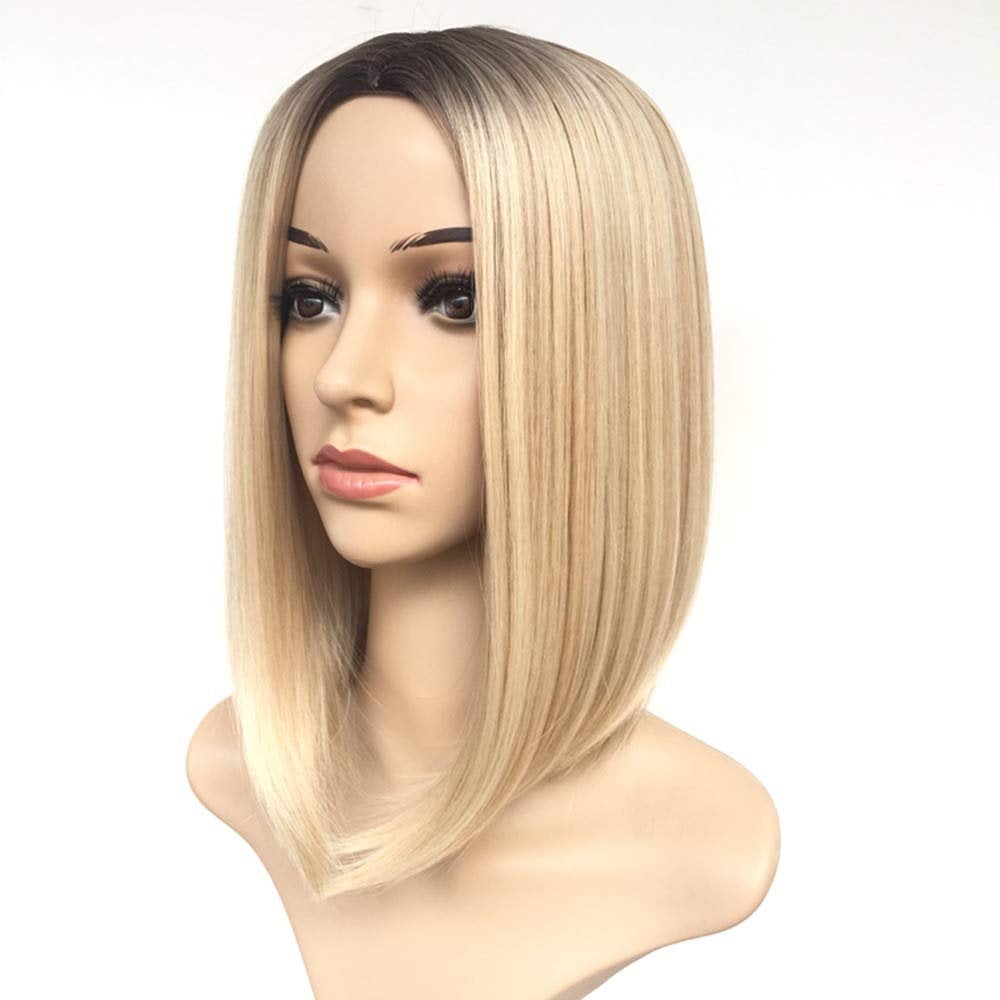 14” Two tone Ombre Ash Blonde Long Bob Synthetic Hair Wig | Top Quality Heat Resistant Fiber | Human Hair Feel | Delivery 3 to 5 Days