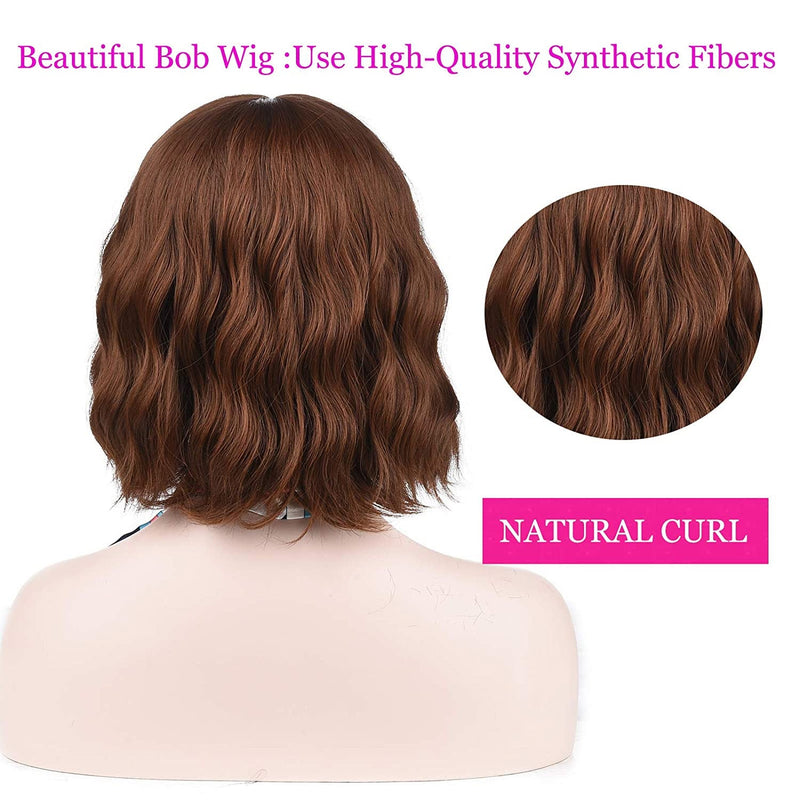 Mixed Brown Ombre Wavy 12" Bob Wig with Face Framing Air Bangs Synthetic Hair Heat Friendly Fiber Color #8/30 Perfect for Daily Wear Office