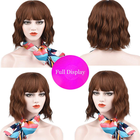 Mixed Brown Ombre Wavy 12" Bob Wig with Face Framing Air Bangs Synthetic Hair Heat Friendly Fiber Color #8/30 Perfect for Daily Wear Office