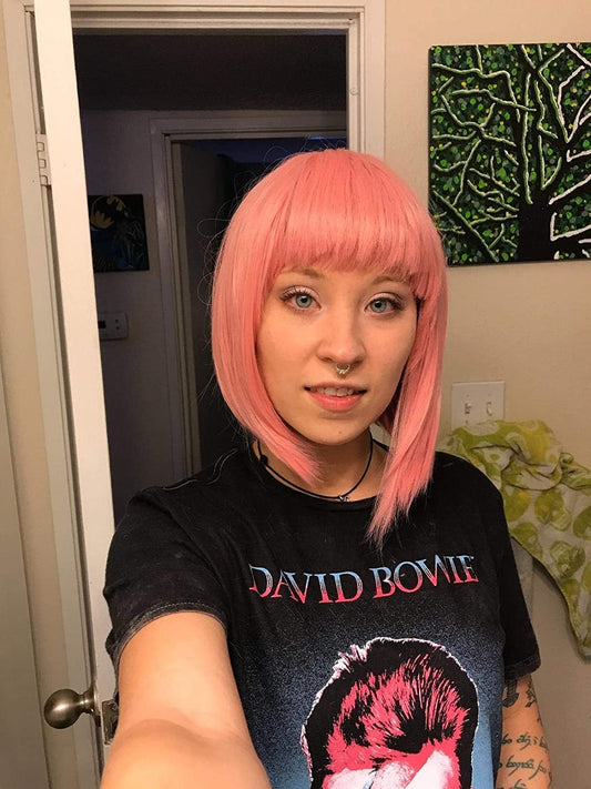 SALE ITEM - On Clearance FINAL Sale | Rose Petal Pink Straight Bob 12" Wig with Air Bang | Heat Friendly Synthetic Fiber | Ships in 24 Hours