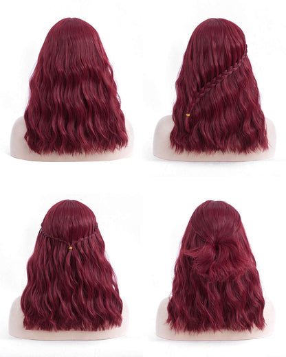 Wine Red 18” Long Wavy Wig with Bangs | Natural Looking | Premium Heat Resistant Synthetic Fiber | Perfect for Cosplay, Party or Daily Wear