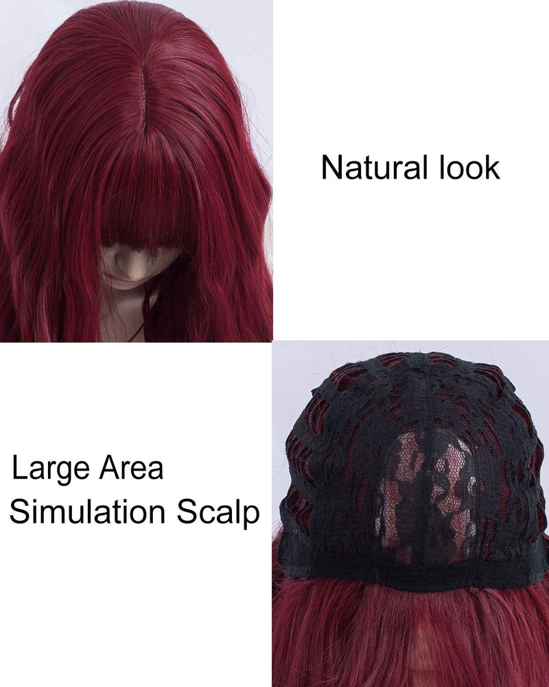 Wine Red 18” Long Wavy Wig with Bangs | Natural Looking | Premium Heat Resistant Synthetic Fiber | Perfect for Cosplay, Party or Daily Wear