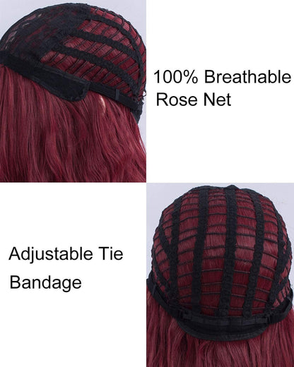 Wine Red 18” Long Wavy Wig with Bangs | Natural Looking | Premium Heat Resistant Synthetic Fiber | Perfect for Cosplay, Party or Daily Wear