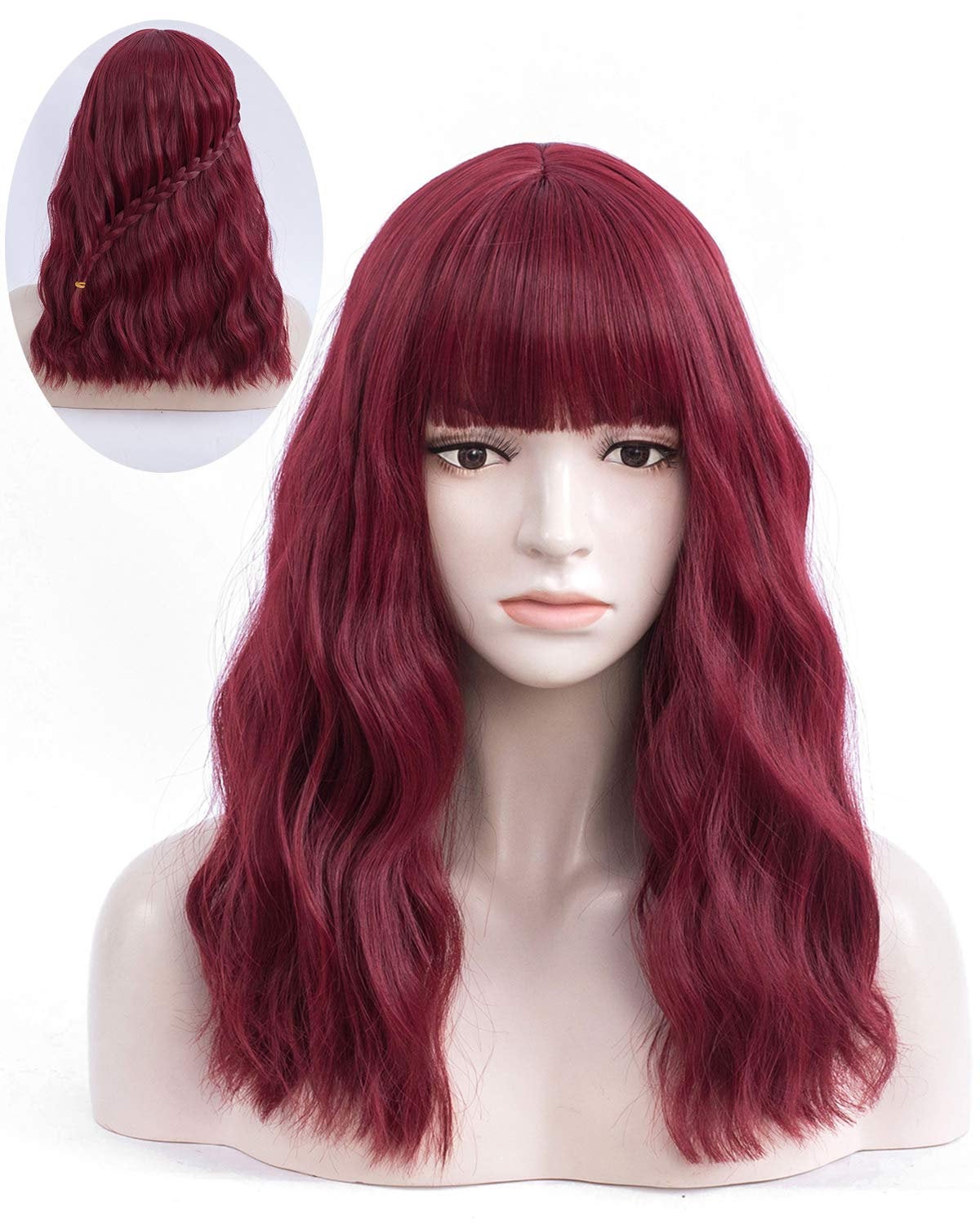 Wine Red 18” Long Wavy Wig with Bangs | Natural Looking | Premium Heat Resistant Synthetic Fiber | Perfect for Cosplay, Party or Daily Wear