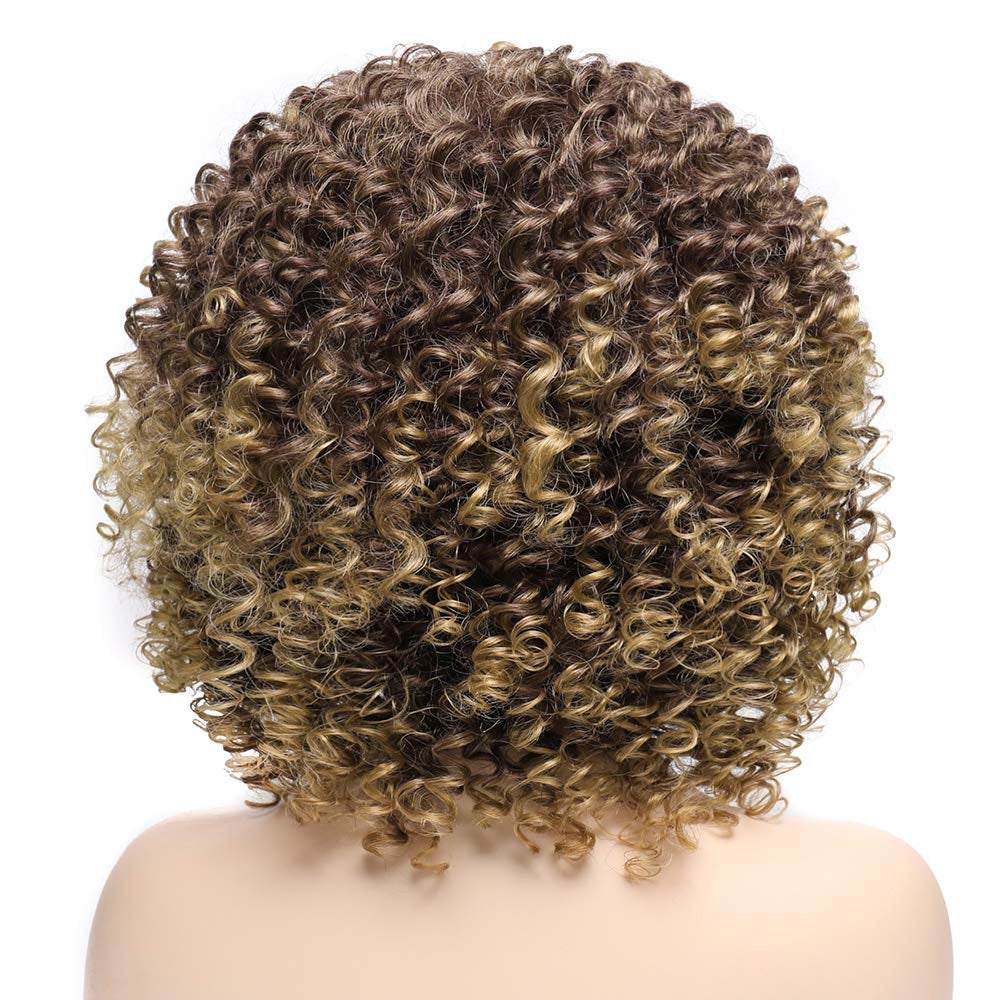 Ombre Brown Short Kinky Synthetic Afro Heat Resistant Full Curly Wig with Bangs