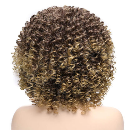 Ombre Brown Short Kinky Synthetic Afro Heat Resistant Full Curly Wig with Bangs
