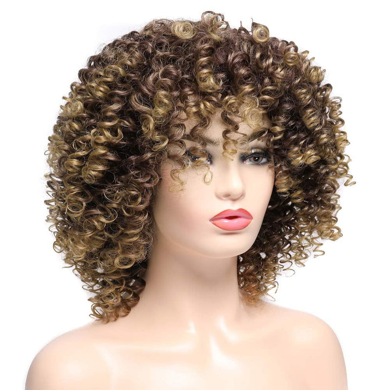 Ombre Brown Short Kinky Synthetic Afro Heat Resistant Full Curly Wig with Bangs