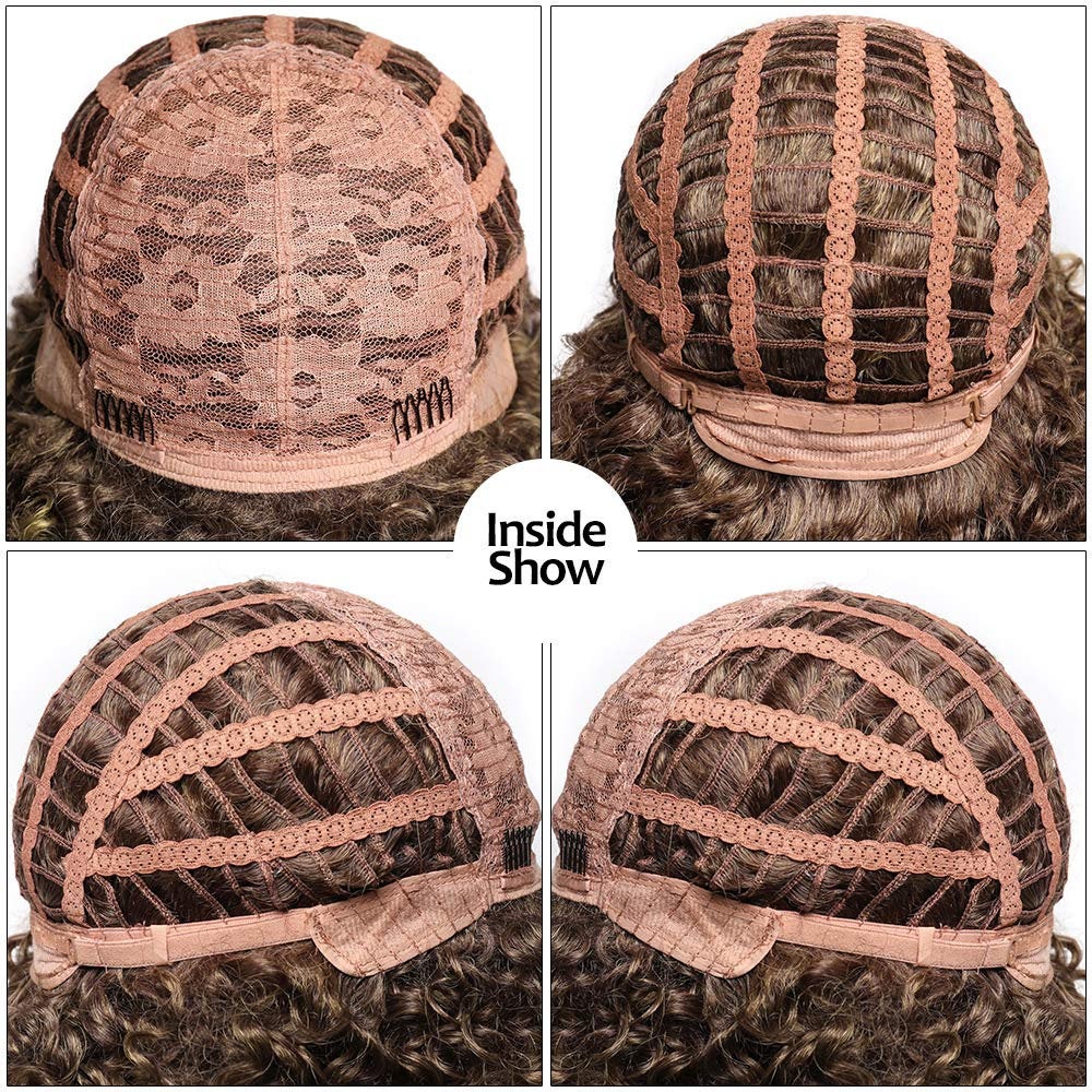 Ombre Brown Short Kinky Synthetic Afro Heat Resistant Full Curly Wig with Bangs