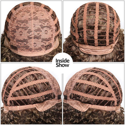 Ombre Brown Short Kinky Synthetic Afro Heat Resistant Full Curly Wig with Bangs