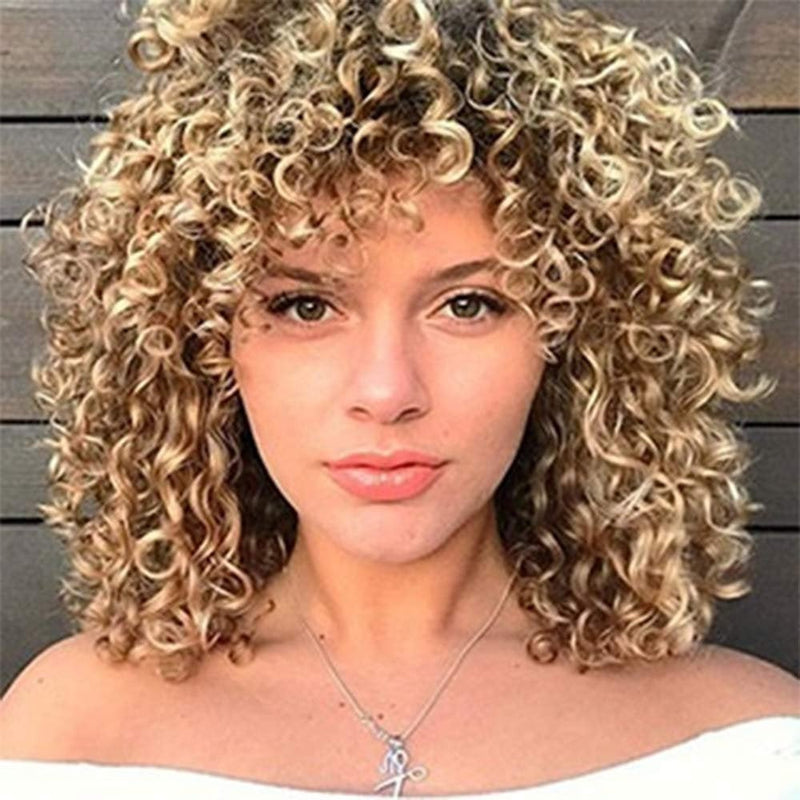 Ombre Brown Short Kinky Synthetic Afro Heat Resistant Full Curly Wig with Bangs