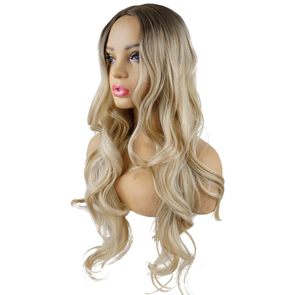 Ash Blonde Dark Roots 28" Long Big Wavy No Bangs High Density Synthetic Heat Resistant Daily Wear or Cosplay Human Hair Look and Feel Wig
