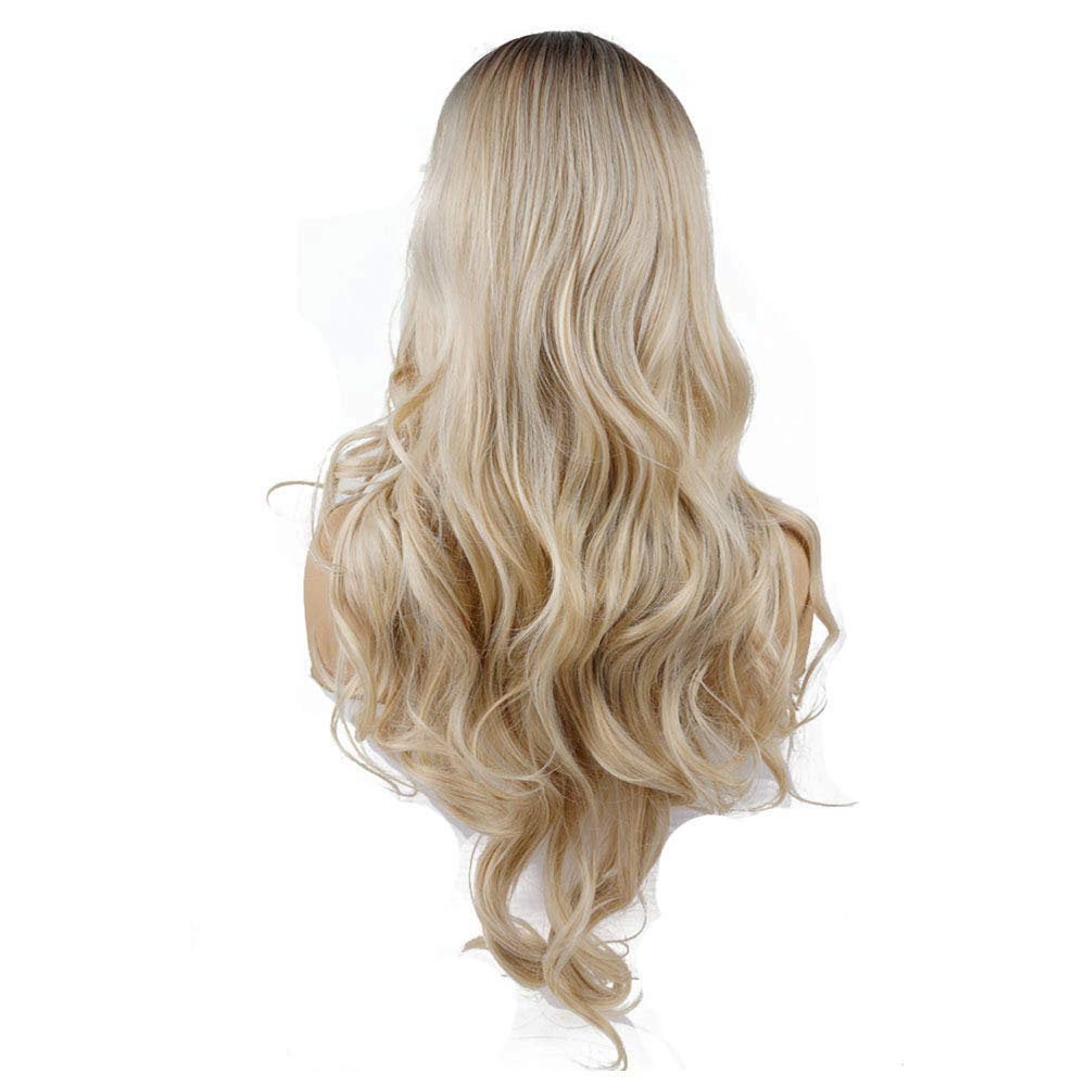 Ash Blonde Dark Roots 28" Long Big Wavy No Bangs High Density Synthetic Heat Resistant Daily Wear or Cosplay Human Hair Look and Feel Wig