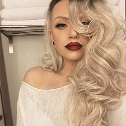 Ash Blonde Dark Roots 28" Long Big Wavy No Bangs High Density Synthetic Heat Resistant Daily Wear or Cosplay Human Hair Look and Feel Wig