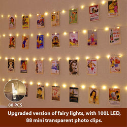 LED Fairy String Lights 33 Ft with 100 Lights & 88 Photo Clips Remote 8 Mode Hang Photos Pictures Bedroom Decoration USB Operated Warm White