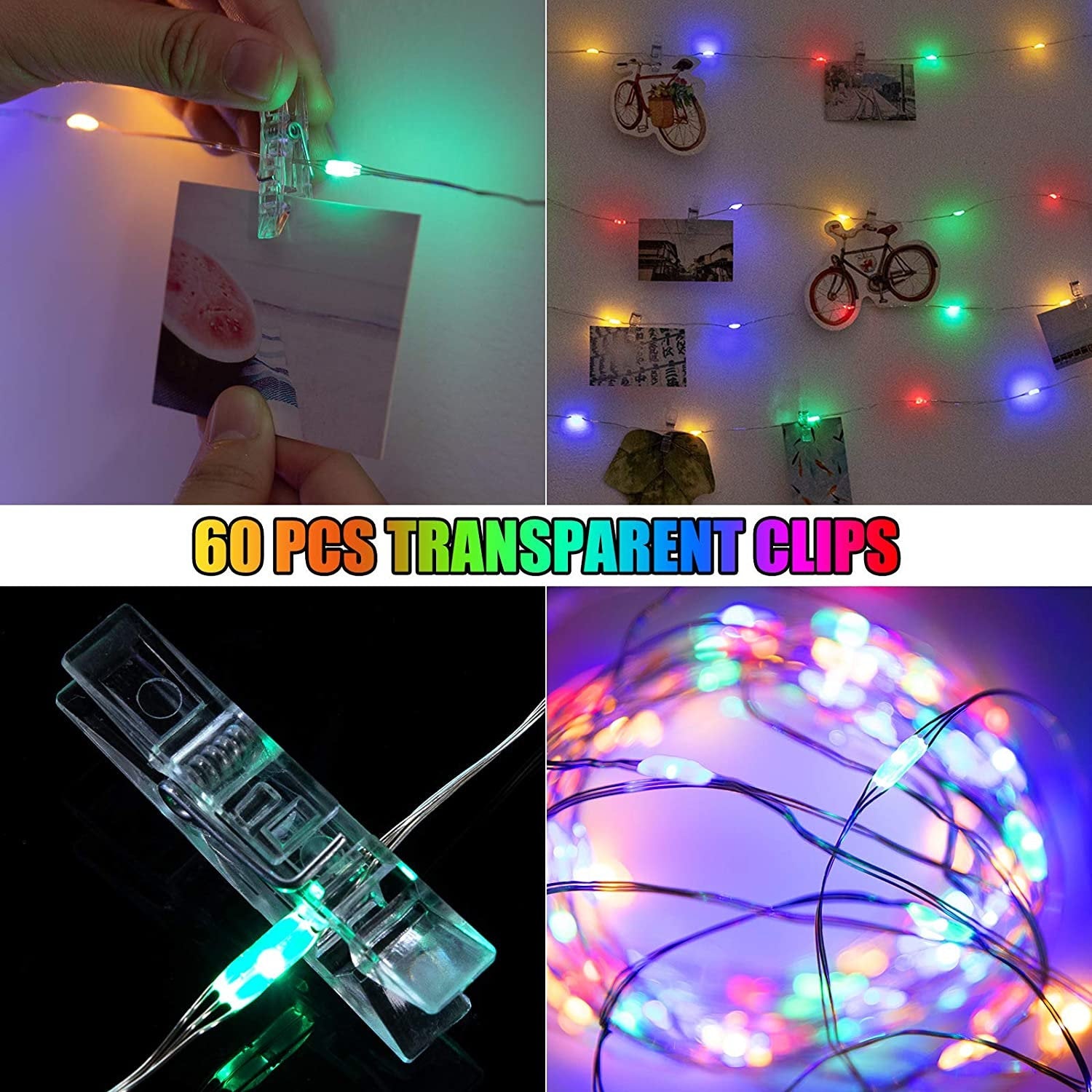 LED Fairy String Lights 33Ft with 100 Multi Color Lights & 60 Photo Clips Remote 8 Modes Hang Photo Picture Bedroom Decoration USB Operated