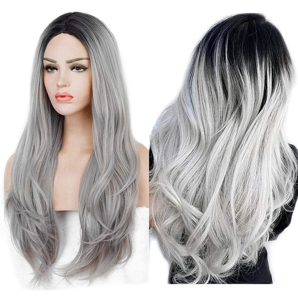 Black Rooted Ombre Gray 25" Long Wavy Wig | High Density Synthetic Heat Resistant Fiber | Daily Wear Wig | Wig Cap Included | Free Shipping