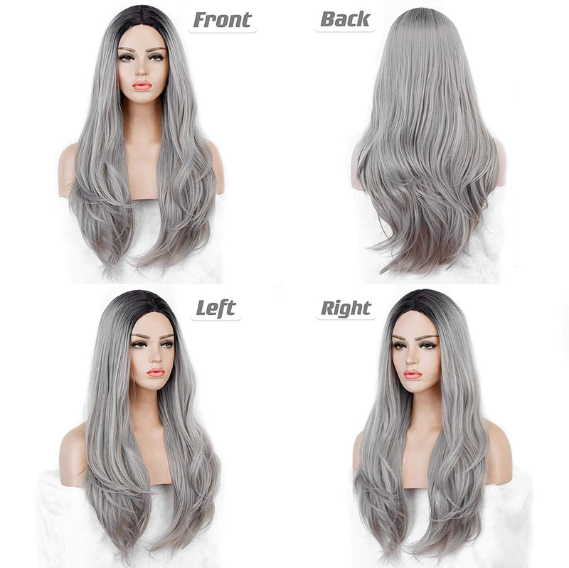 Black Rooted Ombre Gray 25" Long Wavy Wig | High Density Synthetic Heat Resistant Fiber | Daily Wear Wig | Wig Cap Included | Free Shipping