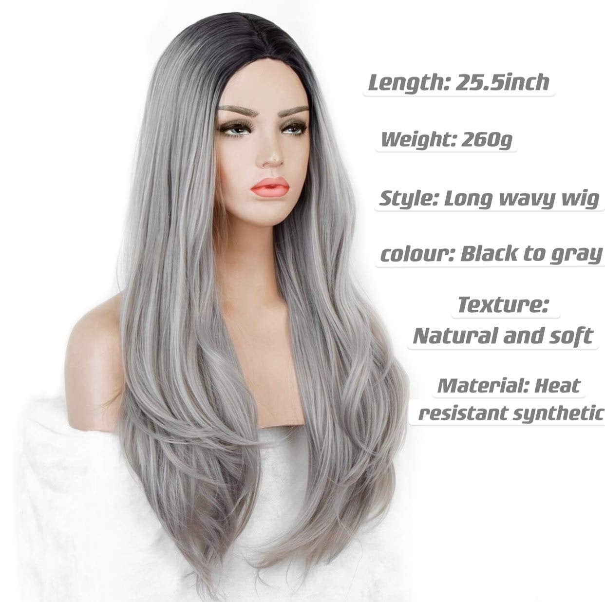 Black Rooted Ombre Gray 25" Long Wavy Wig | High Density Synthetic Heat Resistant Fiber | Daily Wear Wig | Wig Cap Included | Free Shipping