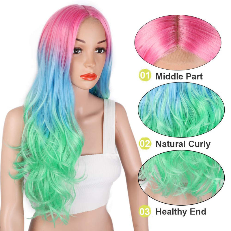 Trendy Wavy | Rainbow | Unicorn | Mermaid | 24" Long Synthetic | Human Hair Feel | Drag Queen | Custom Colored | Stage Performer | Ombre Wig