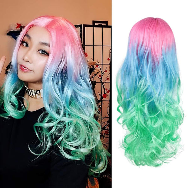 Trendy Wavy | Rainbow | Unicorn | Mermaid | 24" Long Synthetic | Human Hair Feel | Drag Queen | Custom Colored | Stage Performer | Ombre Wig