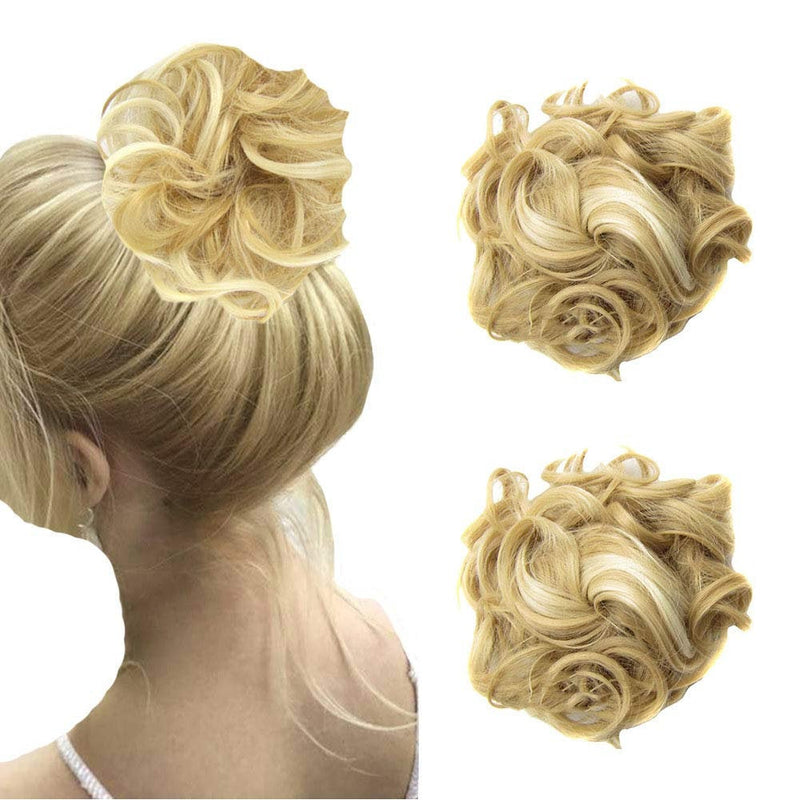 Ash Blonde Bleach Blonde Mix 22H613 Wavy Messy Bun Drawstring Cover Updo Ponytail Curly Messy Bun Chignon Extensions Scrunchy Updo Hairpiece