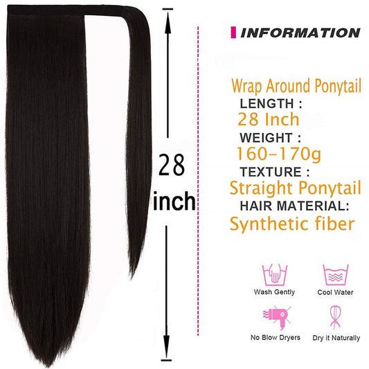 Best Quality Straight 28" Long | Wrap Around Synthetic Hair Piece | Clip in Ponytail Hair Extension Color #1B Natural Black