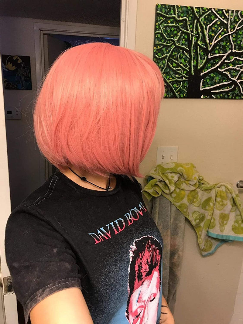 SALE ITEM - On Clearance FINAL Sale | Rose Petal Pink Straight Bob 12" Wig with Air Bang | Heat Friendly Synthetic Fiber | Ships in 24 Hours