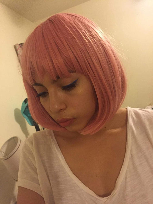 SALE ITEM - On Clearance FINAL Sale | Rose Petal Pink Straight Bob 12" Wig with Air Bang | Heat Friendly Synthetic Fiber | Ships in 24 Hours