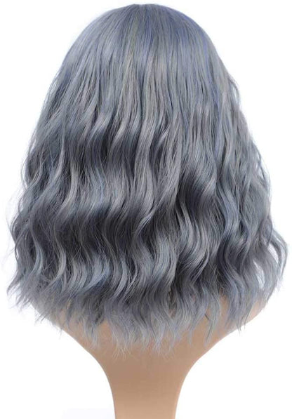 Gray Blue 14” Long Wavy Wig with Bangs | Natural Looking | Premium Heat Resistant Synthetic Fiber | Perfect for Cosplay, Party or Daily Wear
