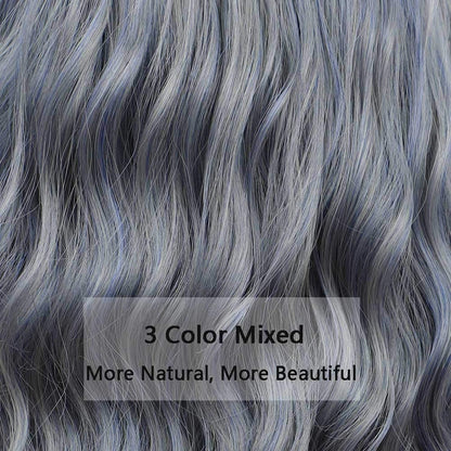 Gray Blue 14” Long Wavy Wig with Bangs | Natural Looking | Premium Heat Resistant Synthetic Fiber | Perfect for Cosplay, Party or Daily Wear