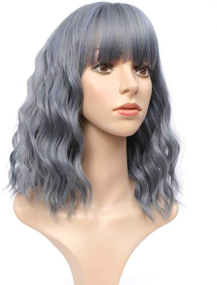 Gray Blue 14” Long Wavy Wig with Bangs | Natural Looking | Premium Heat Resistant Synthetic Fiber | Perfect for Cosplay, Party or Daily Wear
