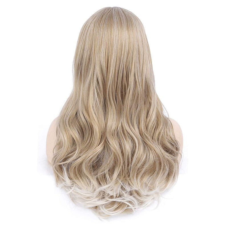 Glamorous Ash Blonde Wig Air Bangs 24” Mixed Color Long Wavy Synthetic Hair Unit Natural Wave Ombre Blonde with Full Bangs Human Hair Feel