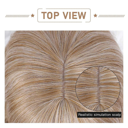 Glamorous Ash Blonde Wig Air Bangs 24” Mixed Color Long Wavy Synthetic Hair Unit Natural Wave Ombre Blonde with Full Bangs Human Hair Feel