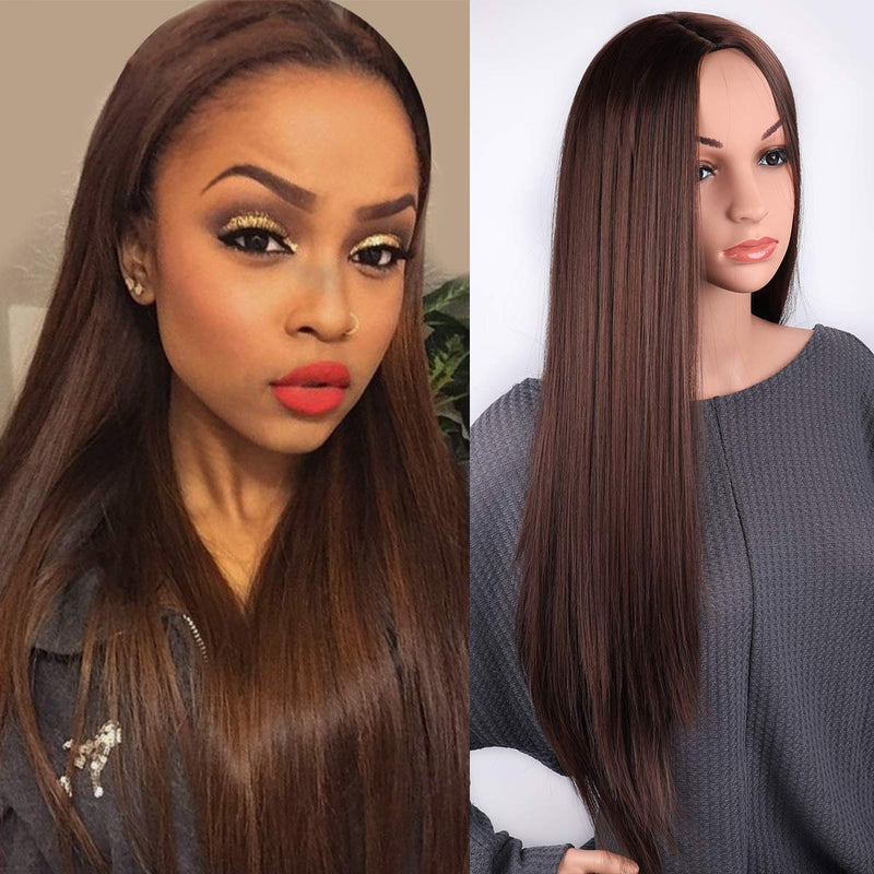 Chestnut Brown 28" Long Straight Middle Parting Synthetic Faux Human Hair Feel Wig Long Lasting Use for Daily Wear Free Shipping Included