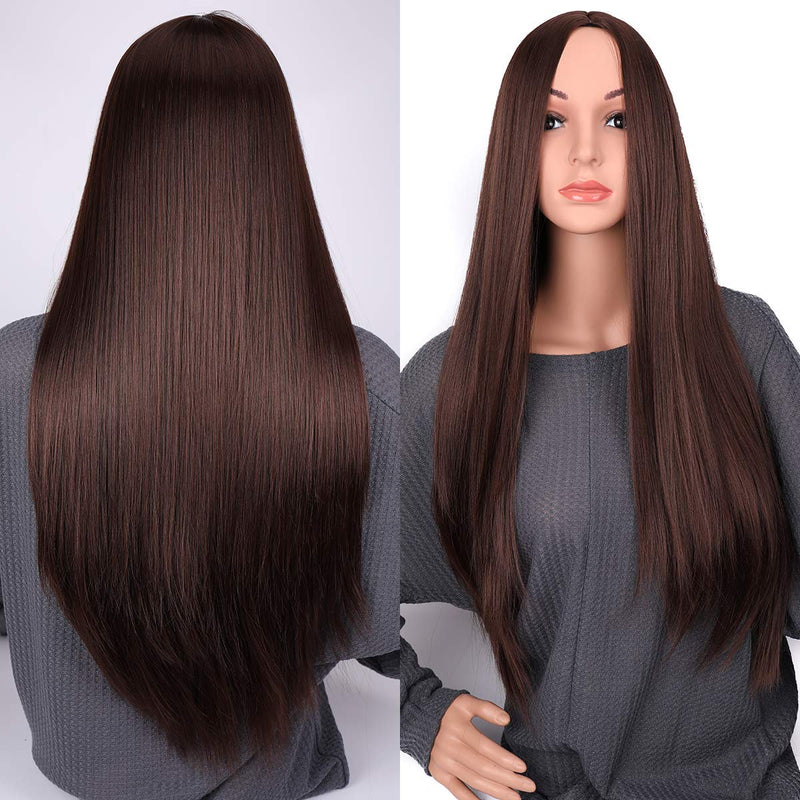 Chestnut Brown 28" Long Straight Middle Parting Synthetic Faux Human Hair Feel Wig Long Lasting Use for Daily Wear Free Shipping Included