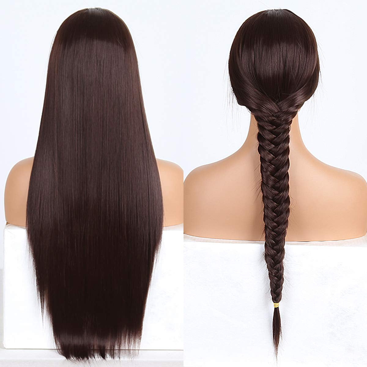 Chestnut Brown 28" Long Straight Middle Parting Synthetic Faux Human Hair Feel Wig Long Lasting Use for Daily Wear Free Shipping Included