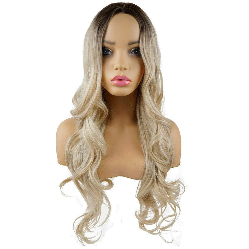 Ash Blonde Dark Roots 28" Long Big Wavy No Bangs High Density Synthetic Heat Resistant Daily Wear or Cosplay Human Hair Look and Feel Wig