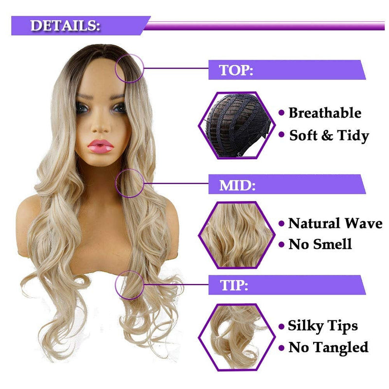 Ash Blonde Dark Roots 28" Long Big Wavy No Bangs High Density Synthetic Heat Resistant Daily Wear or Cosplay Human Hair Look and Feel Wig