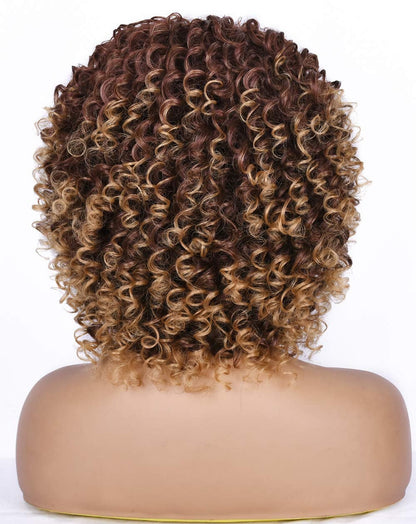 Ombre Brown Short Kinky Synthetic Afro Heat Resistant Full Curly Wig with Bangs | Wig Cap Included | Free Shipping Today