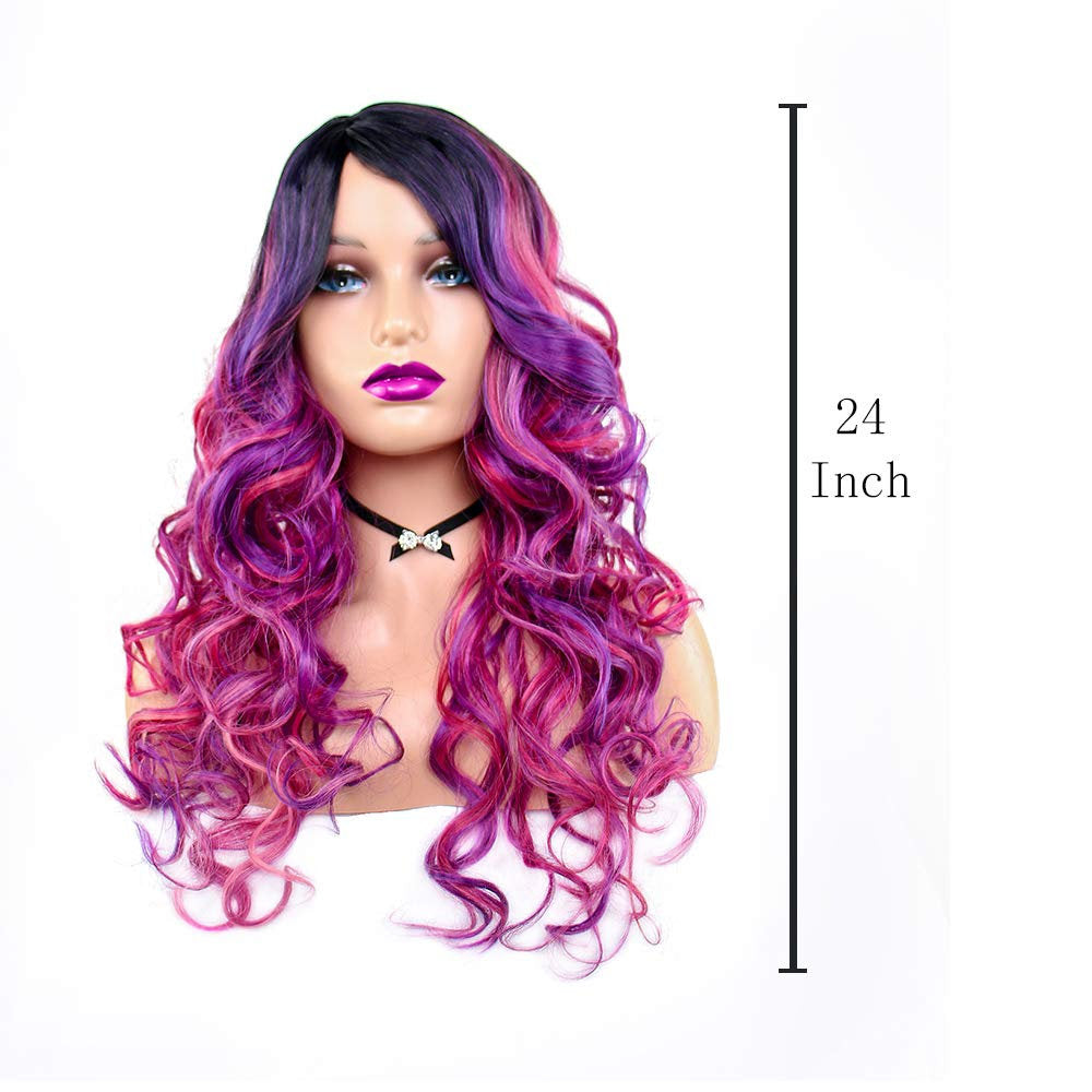 Beautiful Unique Natural Looking | Magenta Purple Pink Mixed Ombre | Hand Dyed 26" | Human Hair Look and Feel Trendy Wig | Non  Lace Wig