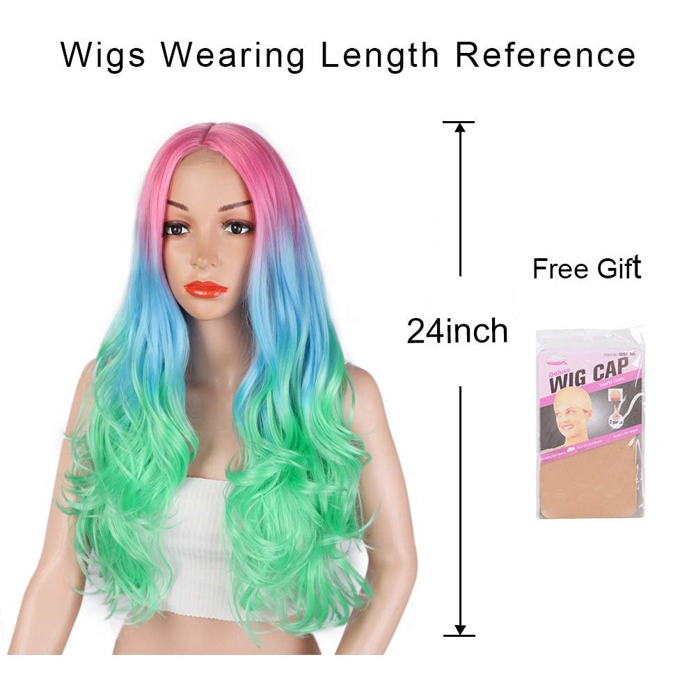 Trendy Wavy | Rainbow | Unicorn | Mermaid | 24" Long Synthetic | Human Hair Feel | Drag Queen | Custom Colored | Stage Performer | Ombre Wig